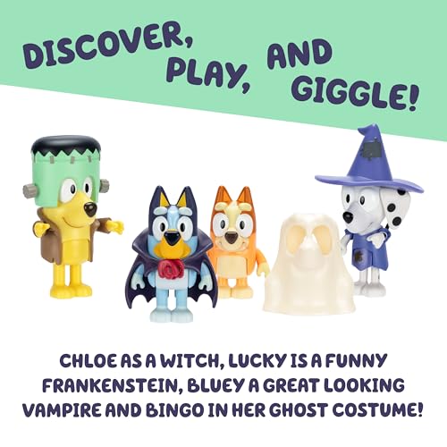 Bluey Figure 4-Packs, Halloween, 2.5 Inch Poseable Figures of Bluey, Bingo, Chloe and Lucky Dressed In Halloween Costumes, With Accessories