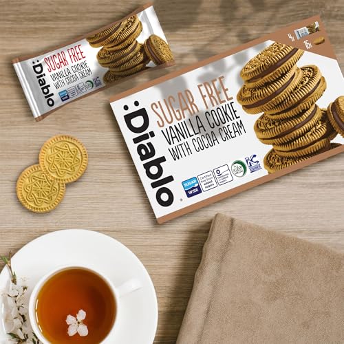 Diablo Sugar Free Sandwich Cookies – Vanilla Cookie with Cocoa Cream, Sugar Free Snacks, Maltitol-Sweetened for Everyday Enjoyment, Sweet Treats For All, 176g 12 Pack