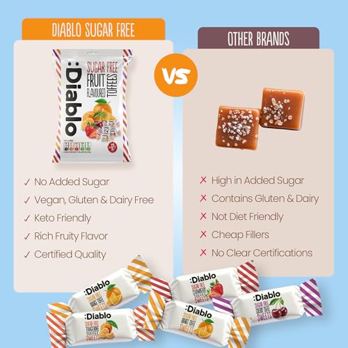 Diablo Sugar-Free Fruit Flavoured Toffee – Sugar-Free Candy Sweetened with Maltitol, Guilt-Free Treats for All Occasions, Ideal for Gift Boxes, Mother’s Day & Father’s Day – 75g, Pack of 6