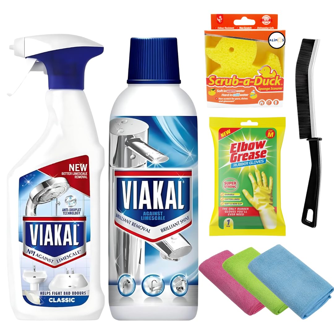 Limescale Remover Bundle - Spray 500ml & Cleaning Liquid 500ml with Crevice Detail Brush, Non-Scratch Scrub Sponge, Rubber Gloves & 3 Microfibre Cloths - Bathroom Taps Shower Tile Descaler Set