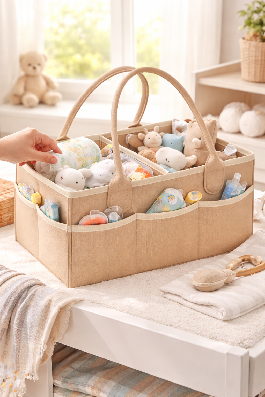 Large Baby Nappy Caddy Organiser 34.5×23×18cm – Sturdy Felt Diaper Storage Basket with Adjustable Compartments & 8 Pockets – Portable Nursery Organiser for Newborn Essentials & Baby Shower Gift