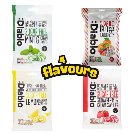 Diablo Sugar Free Sweet Selection - 4 flavours - Strawberry & Cream Sweet,Sweets Fruit Toffees,Lemon & Cream  & Mint & Cream