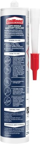 UniBond Anti-Mould White, Waterproof Mould Protection, Long-lasting White Silicone Sealant for Kitchen & Bathroom, Powerful Bath Sealant, 1 x 274g Cartridge