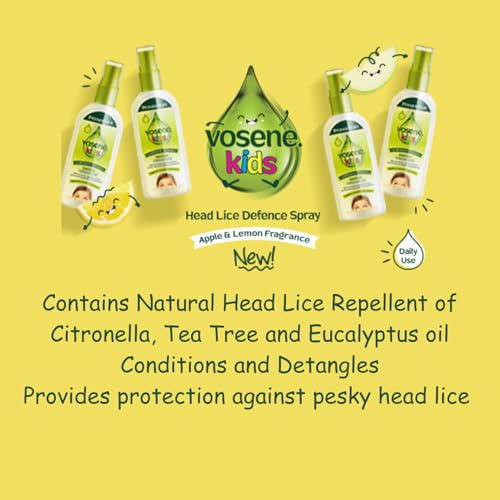 Vosene Kids Apple & Lemon Head Lice Defence Spray 150ml, Conditioning and detangling Natural Head lice Repellent with Tea Tree Leaf, citronella and Eucalyptus Oil, Helps to Keep headlice at Bay.