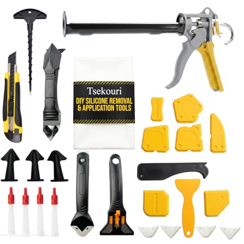 Tsekouri 25-Piece Professional Caulking Gun Kit | Complete Sealant Tool Set with Silicone Gun, Finishing Tools, Removal Set & Accessories | Bathroom, Shower, Kitchen, Window & Floor Sealing