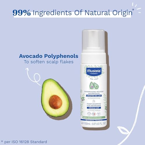 Mustela - Foam Shampoo for Newborns – Tear-Free Baby Shampoo with 99% Natural Ingredients and Avocado Polyphenol – Limits Cradle Cap and Soothes the Scalp – Gentle Hair Care Formula – 150ml