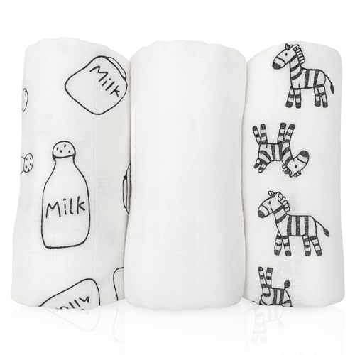 Alimos Organic Bamboo and Cotton Muslin Cloths - Soft and Gentle Baby Swaddle Blankets - Multi-Purpose Burp Cloths and Nursing Covers (120_x_120_cm, Black & White)