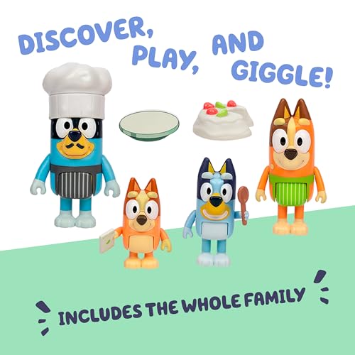 BLUEY It's Time For Pavlova With This Pavlova 4 Pack, Includes, Bingo, Bandit In His Chef Hat and Chilli and 2 Accessories, Four 6-7.6 CM Articulated Figures