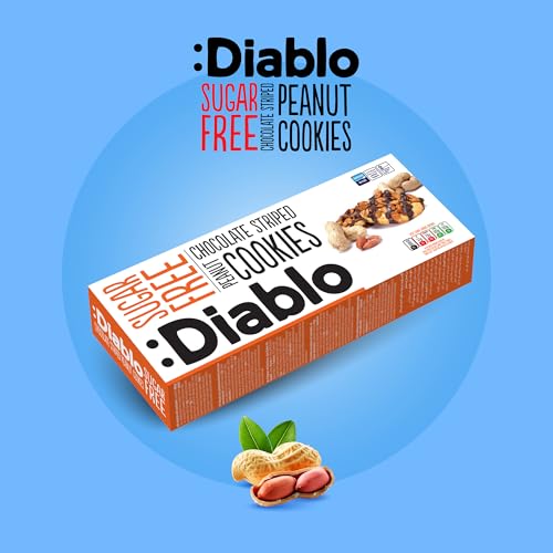 Diablo Sugar Free Cookies – Chocolate Striped Peanut Cookies Biscuits for All, Low Sugar Snacks, Sweetened with Maltitol, Ideal for Gifting, Festive Hampers, Holiday Events & Birthday – 150g Pack of 4
