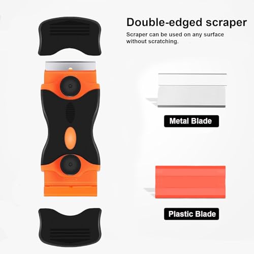 Double Edged Glass Scraper for Cleaning – Razor Blade Scraper with 10 Metal + 10 Plastic Blades, Super Scraper Tool Non Scratch for Window, Ceramic Hob, Oven, Cooktop, Sticker or Paint Removal