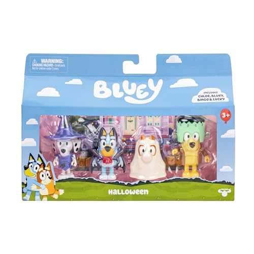 Bluey Figure 4-Packs, Halloween, 2.5 Inch Poseable Figures of Bluey, Bingo, Chloe and Lucky Dressed In Halloween Costumes, With Accessories