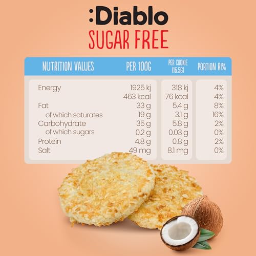 Diablo Sugar Free Cookies, Coconut – Low Sugar Snacks, Cookies Biscuits for All, Sweetened with Maltitol, Ideal for Gifting, Festive Hampers, Holiday Events & Special Occasions – 150g Pack of 4