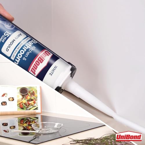 UniBond Anti-Mould White, Waterproof Mould Protection, Long-lasting White Silicone Sealant for Kitchen & Bathroom, Powerful Bath Sealant, 1 x 274g Cartridge