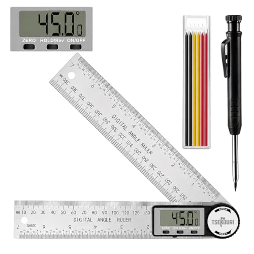 Tsekouri 7 Inch/200mm Stainless Steel Digital Angle Finder Tool with Carpenter Pencil, Digital Protractor Steel Ruler for Internal & External Angle Measurement, LCD Digital Angle Gauge
