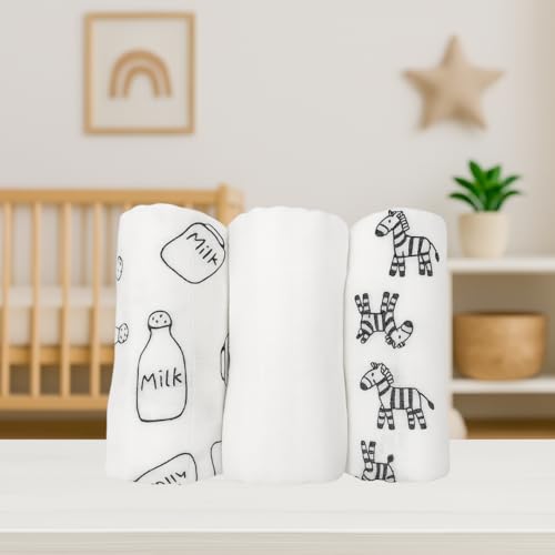 Alimos Organic Bamboo and Cotton Muslin Cloths - Soft and Gentle Baby Swaddle Blankets - Multi-Purpose Burp Cloths and Nursing Covers (120_x_120_cm, Black & White)