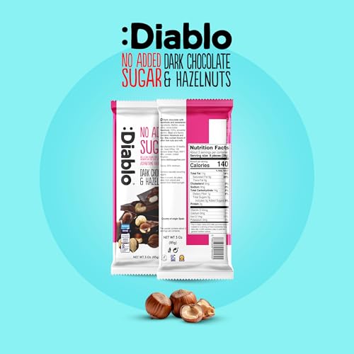 Diablo Dark Chocolate with Hazelnuts, No Added Sugar Dark Chocolate Bar - Maltitol Sweetened, Gluten-Free Snack for All - Celebrate Any Occasion, Birthdays, Valentines, Anniversary - 85g, 6 Packs