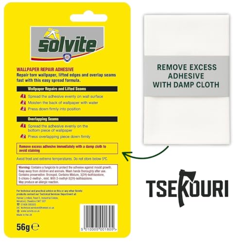 Solvite Wallpaper Repair Adhesive Tube (56g) with Foam Seam Roller, Smoother Tool With 0.9cm Brush & Cleaning Cloth – Complete Wallpaper Repair Set by Tsekouri