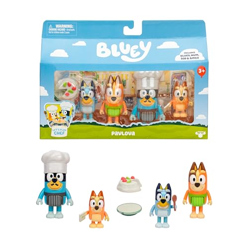 BLUEY It's Time For Pavlova With This Pavlova 4 Pack, Includes, Bingo, Bandit In His Chef Hat and Chilli and 2 Accessories, Four 6-7.6 CM Articulated Figures