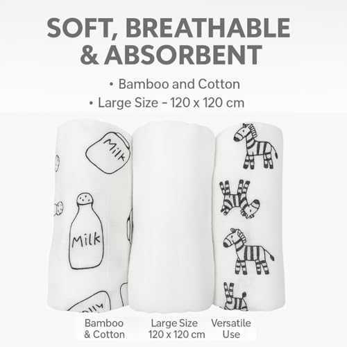 Alimos Organic Bamboo and Cotton Muslin Cloths - Soft and Gentle Baby Swaddle Blankets - Multi-Purpose Burp Cloths and Nursing Covers (120_x_120_cm, Black & White)
