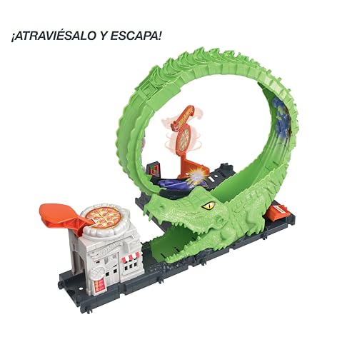 Hot Wheels Track Set with 1 Hot Wheels Car, Adjustable Track that Connects to Other Sets, Gator Loop Pizza Place Playset, HKX39