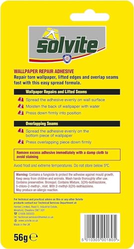 Solvite Wallpaper Repair Adhesive, Wallpaper Paste for Fixing Tears, Seams & Edges, Extra-Strong Glue for Seam Repair, Easy-Spread, 1x56g