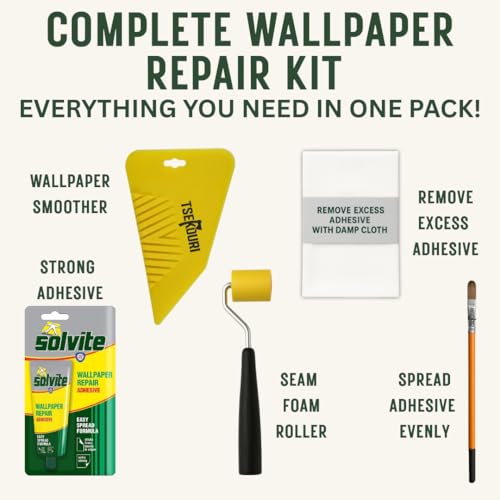 Solvite Wallpaper Repair Adhesive Tube (56g) with Foam Seam Roller, Smoother Tool With 0.9cm Brush & Cleaning Cloth – Complete Wallpaper Repair Set by Tsekouri