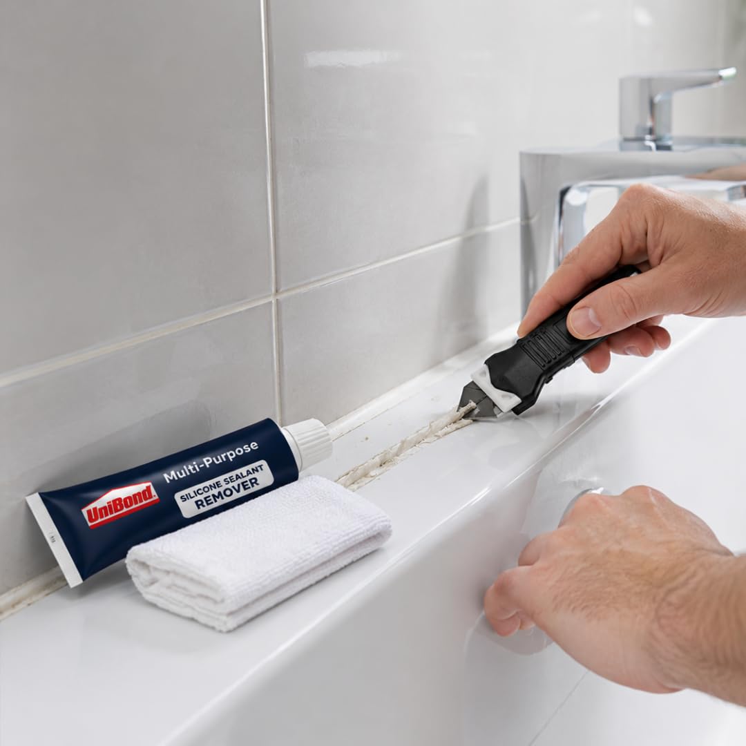 UniBond Silicone Sealant Remover 80ml Kit – Heavy-Duty Gel Tube with Silicone Removal Tool & White Cloth – Removes Old Sealant from Baths, Tiles, Kitchens, Sinks & Toilets (3-Piece Bundle)