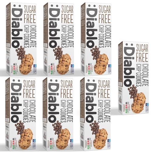 Diablo Sugar Free Chocolate Chip Cookies – Low Sugar Snacks Made with Maltitol, Crunchy Chocolate Flavor Treats for Everyday Snacking, Guilt Free Biscuit Alternative, 130g Pack of 7