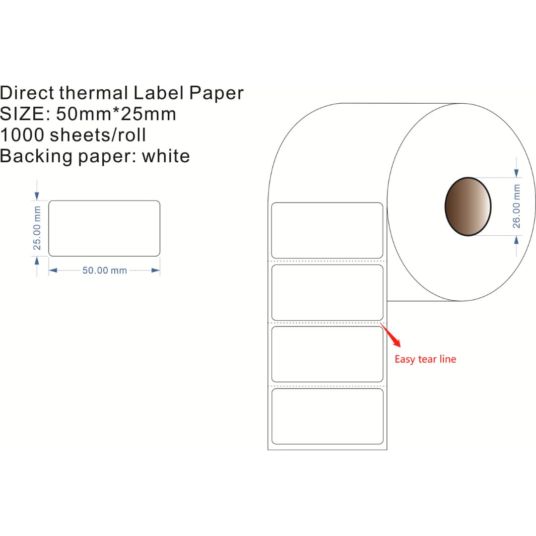 Alimos - 50mm x 25mm (2 in x 1 in) Multipurpose & Barcode Thermal Labels, 1000 Perforated per Roll, Compatible With Zebra & More Printers [6 Roll/6000 Labels]
