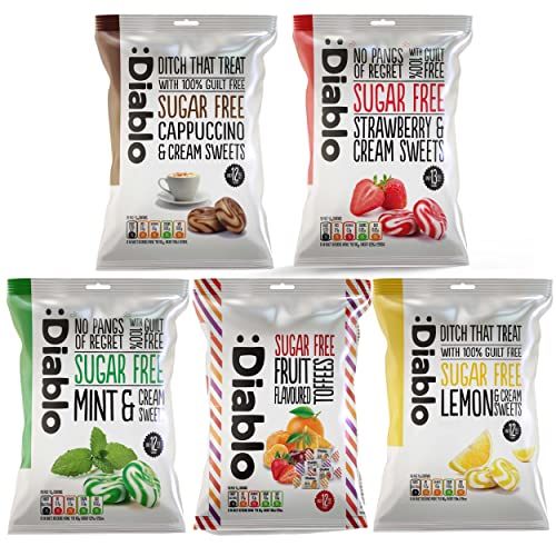 Diablo Retro Sugar Free Sweet Variety Pack - Strawberry & Cream, Lemon & Cream, Cappuccino & Cream, Mint & Cream, Fruit Flavored Toffees - Hard Candy Gift Box, Mother's Day, Father's Day - 5 x 75g