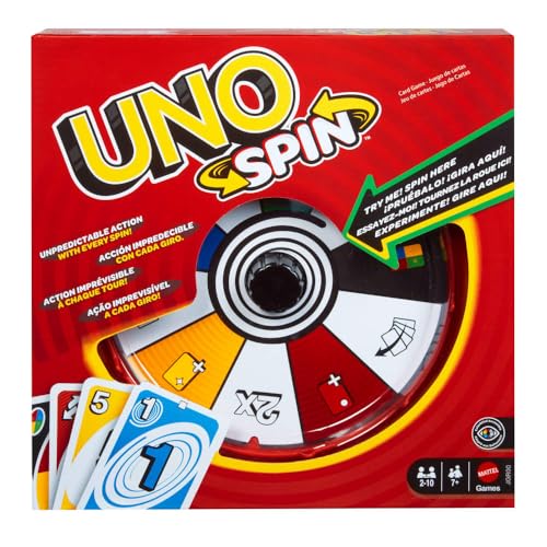 Mattel Games UNO Spin Card Game for Kid, Adult & Family Nights, Classic Play with Toy Spinner, New Challenges & Rules, Rainy Day Activity, JGR00