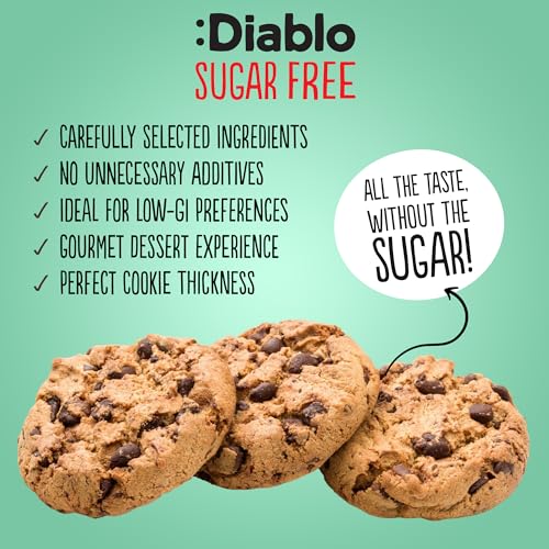 Diablo Sugar Free Chocolate Chip Cookies – Low Sugar Snacks Made with Maltitol, Crunchy Chocolate Flavor Treats for Everyday Snacking, Guilt Free Biscuit Alternative, 130g Pack of 4