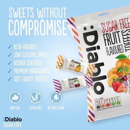Diablo Sugar-Free Fruit Flavoured Toffee – Sugar-Free Candy Sweetened with Maltitol, Guilt-Free Treats for All Occasions, Ideal for Gift Boxes, Mother’s Day & Father’s Day – 75g, Pack of 6