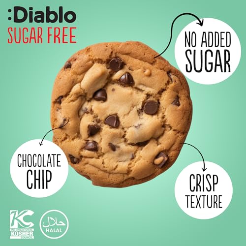 Diablo Sugar Free Chocolate Chip Cookies – Low Sugar Snacks Made with Maltitol, Crunchy Chocolate Flavor Treats for Everyday Snacking, Guilt Free Biscuit Alternative, 130g Pack of 7