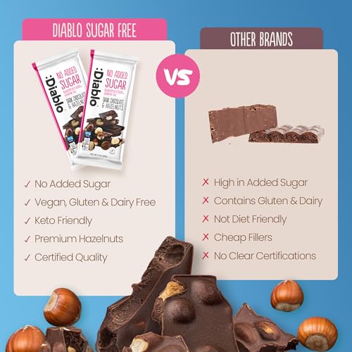 Diablo Dark Chocolate with Hazelnuts, No Added Sugar Dark Chocolate Bar - Maltitol Sweetened, Gluten-Free Snack for All - Celebrate Any Occasion, Birthdays, Valentines, Anniversary - 85g, 3 Packs