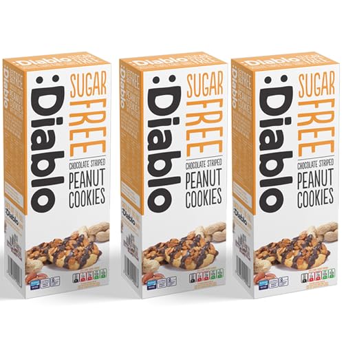 Diablo Sugar Free Cookies – Chocolate Striped Peanut Cookies Biscuits for All, Low Sugar Snacks, Sweetened with Maltitol, Ideal for Gifting, Festive Hampers, Holiday Events & Birthday – 150g Pack of 3