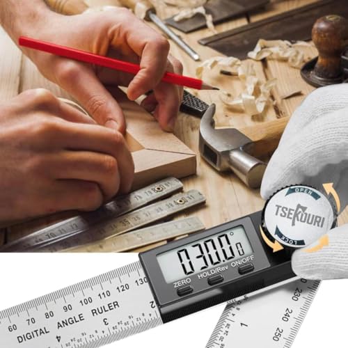 Tsekouri 7 Inch/200mm Stainless Steel Digital Angle Finder Tool with Carpenter Pencil, Digital Protractor Steel Ruler for Internal & External Angle Measurement, LCD Digital Angle Gauge