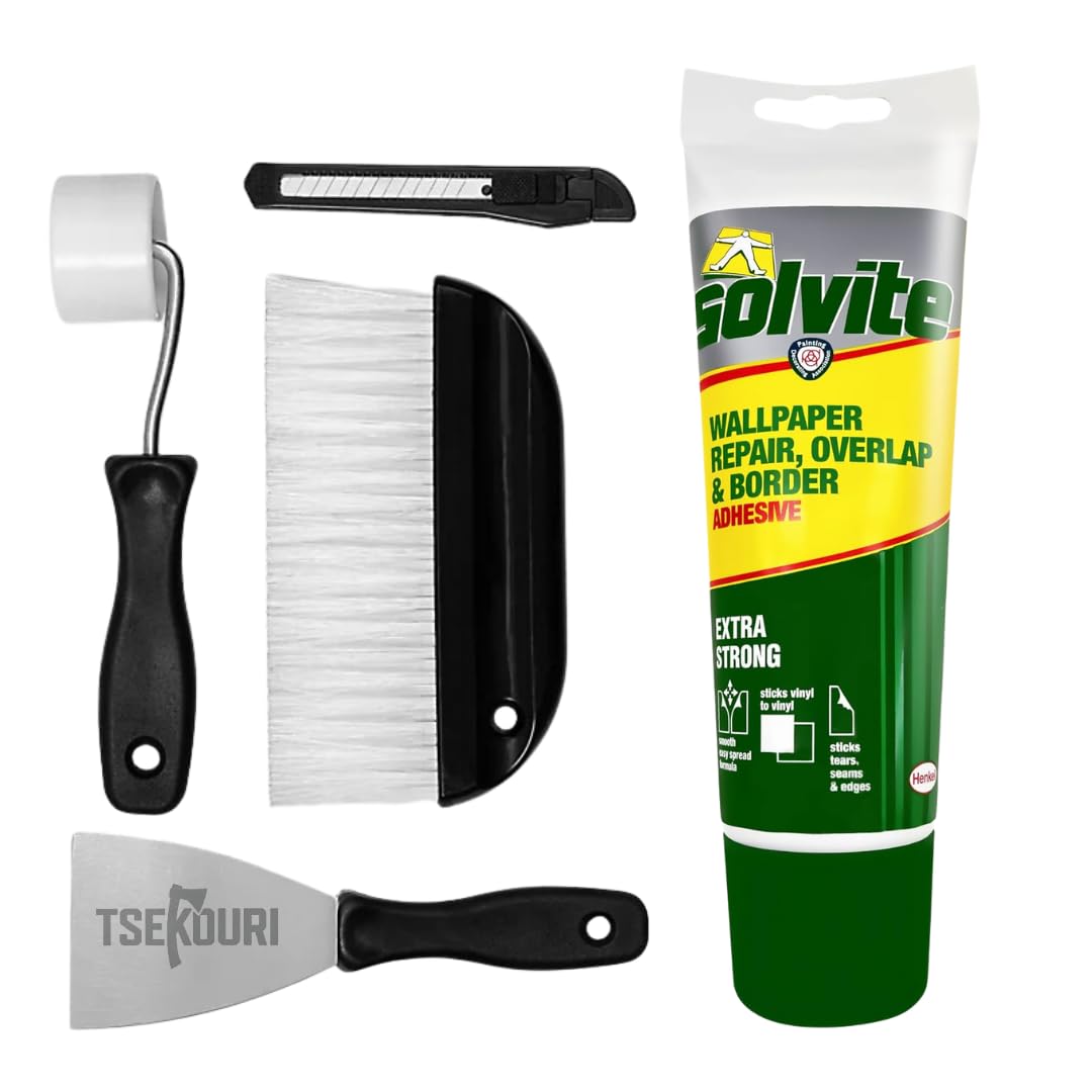 Solvite Wallpaper Repair Kit: Overlap & Border Adhesive (240g) with Tsekouri Roller & Bristle Brush for Seamless Wall Covering, Easy DIY Glue & Tools