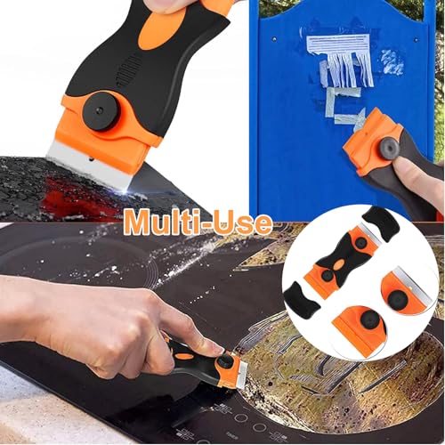 Double Edged Glass Scraper for Cleaning – Razor Blade Scraper with 10 Metal + 10 Plastic Blades, Super Scraper Tool Non Scratch for Window, Ceramic Hob, Oven, Cooktop, Sticker or Paint Removal