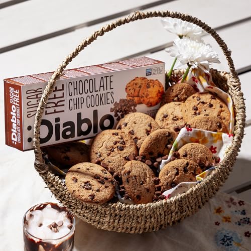 Diablo Sugar Free Chocolate Chip Cookies – Low Sugar Snacks Made with Maltitol, Crunchy Chocolate Flavor Treats for Everyday Snacking, Guilt Free Biscuit Alternative, 130g Pack of 6