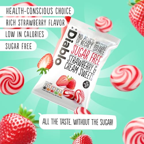 Diablo Sugar-Free Candy Strawberry & Cream, Healthy Sweets Sweetened with Maltitol, Sugar-Free Treats for All Occasions, Ideal for Gift Boxes, Mother’s Day & Father’s Day – 75g, Pack of 4