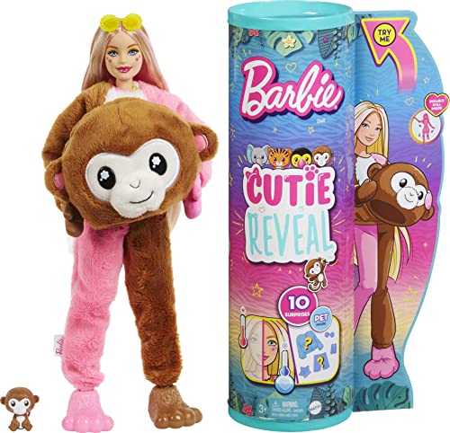 Barbie Dolls and Accessories, Cutie Reveal Doll with Monkey Plush Costume & 10 Surprises Including Color Change, Jungle Series