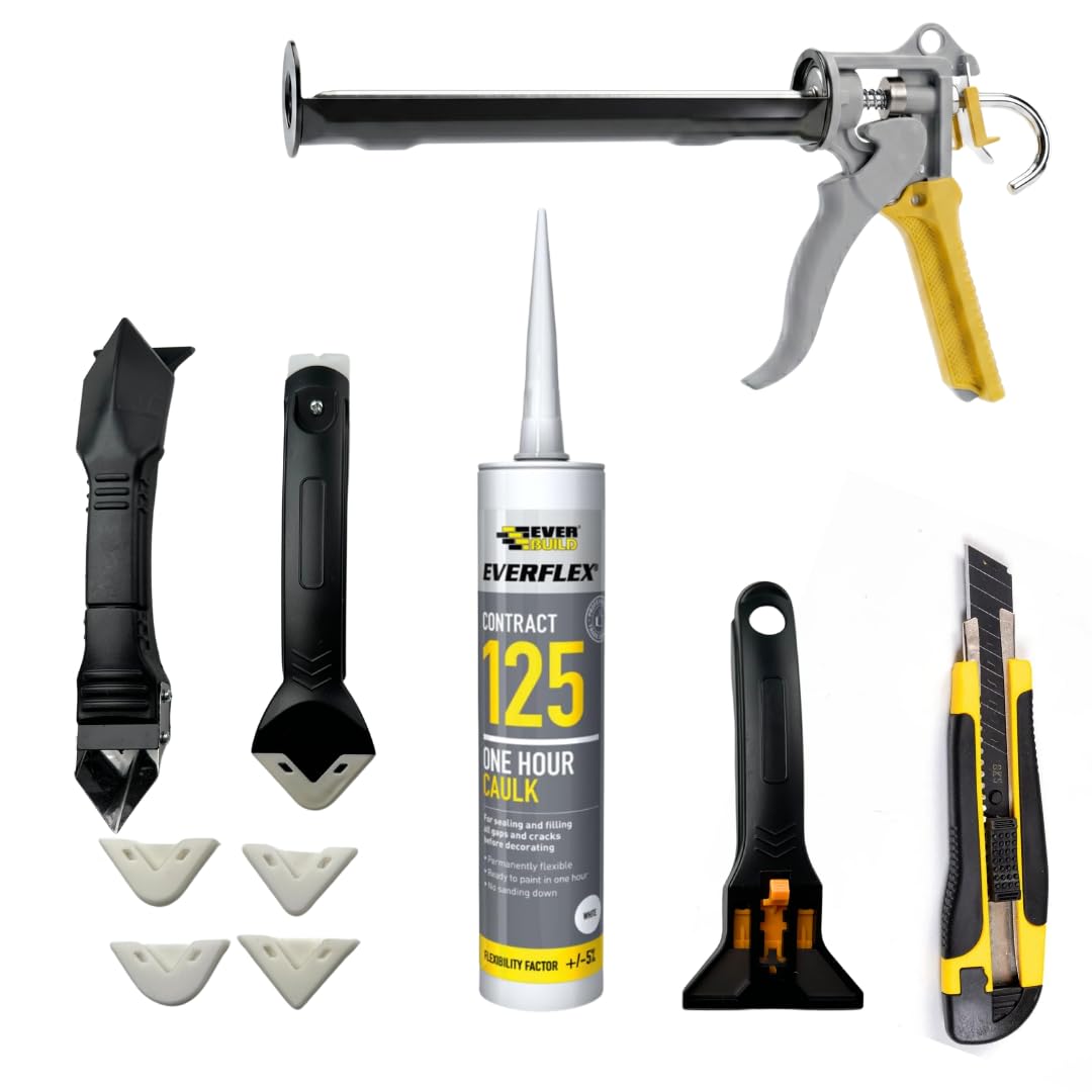 Tsekouri Set - Bundle With Sealant Gun, Silicone Tool Finishing 3 in 1 Kit Smoothing Set With One Hour Fast Drying Decorators Caulk White 300ml