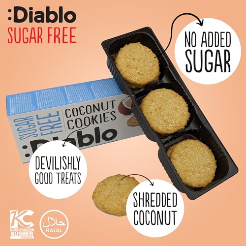 Diablo Sugar Free Cookies, Coconut – Low Sugar Snacks, Cookies Biscuits for All, Sweetened with Maltitol, Ideal for Gifting, Festive Hampers, Holiday Events & Special Occasions – 150g Pack of 3