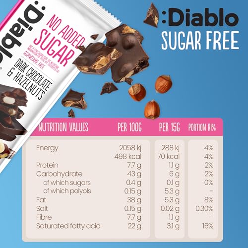 Diablo Dark Chocolate with Hazelnuts, No Added Sugar Dark Chocolate Bar - Maltitol Sweetened, Gluten-Free Snack for All - Celebrate Any Occasion, Birthdays, Valentines, Anniversary - 85g, 3 Packs