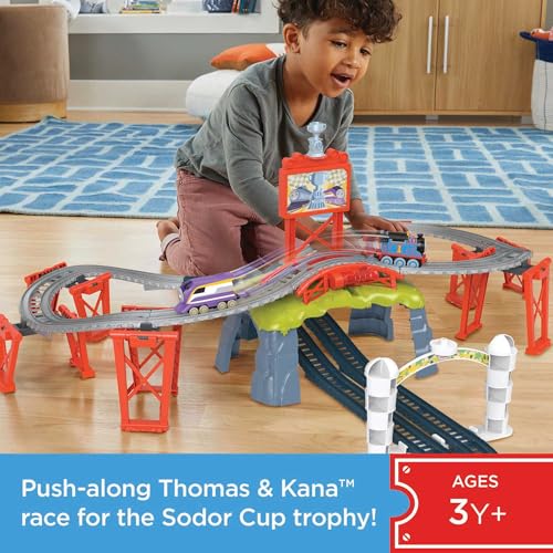 Thomas & Friends Diecast Toy Train Set Race for the Sodor Cup with Thomas & Kana Engines & Track for Preschool Kids Ages 3+ Years, HFW03