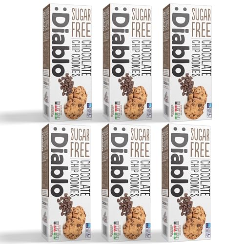 Diablo Sugar Free Chocolate Chip Cookies – Low Sugar Snacks Made with Maltitol, Crunchy Chocolate Flavor Treats for Everyday Snacking, Guilt Free Biscuit Alternative, 130g Pack of 6