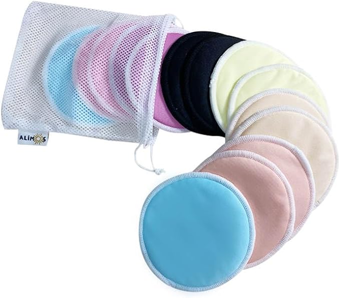 Alimos Nursing Breast Pads Round Shape for Breastfeeding 4 Layers Size 12cm 14pcs Washable & Reusable