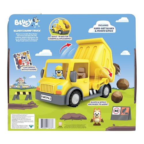 Bluey Dump Truck, With Load and Unload Feature, Get Some Work Done With Exclusive Hard-Hat and Muddy Bingo,