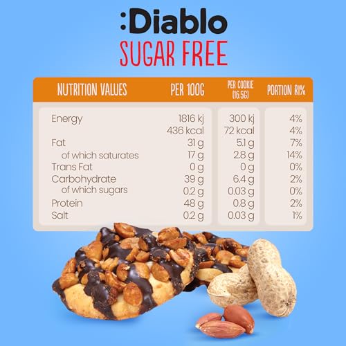 Diablo Sugar Free Cookies – Chocolate Striped Peanut Cookies Biscuits for All, Low Sugar Snacks, Sweetened with Maltitol, Ideal for Gifting, Festive Hampers, Holiday Events & Birthday – 150g Pack of 4